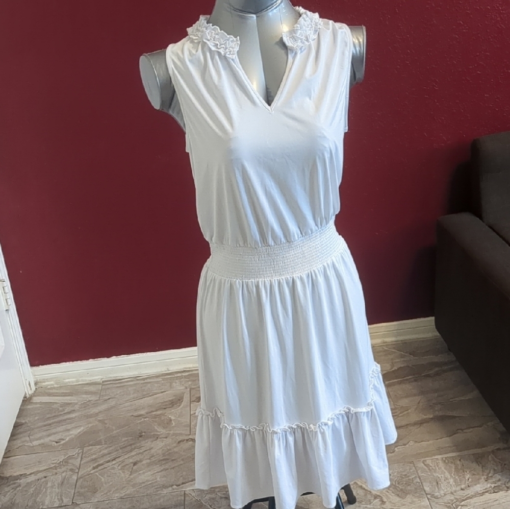 Cabana Life New White Skeeveless Ruffled Tiered Smocke/ Sundress SPF 50+ Size M